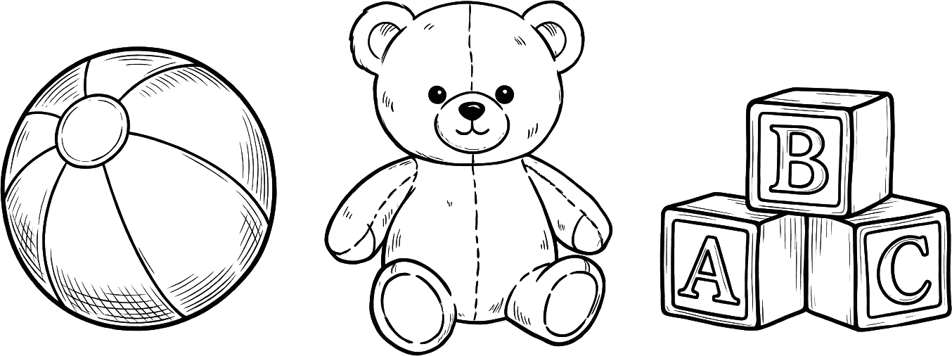 Toy ball, teddy bear, and alphabet blocks illustration